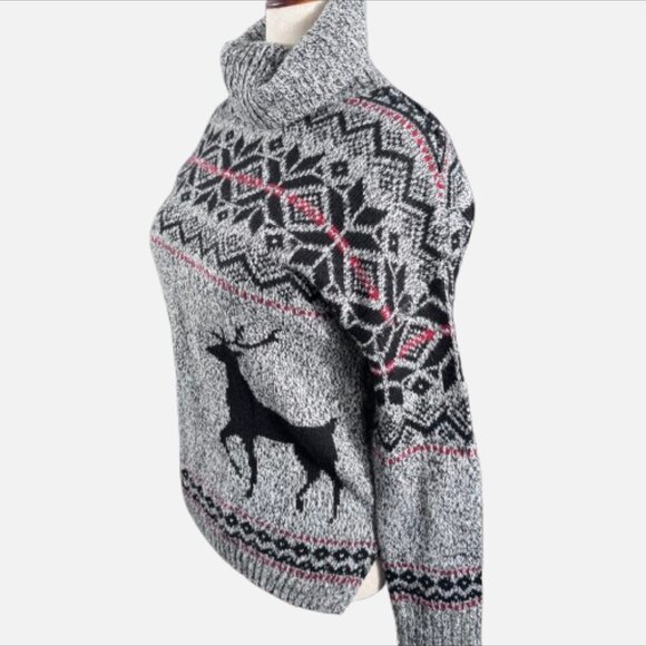 Kaisely Black Gray Red Fair Isle Reindeer Wool Blend Christmas Turtleneck (SZ L) - Picture 3 of 11